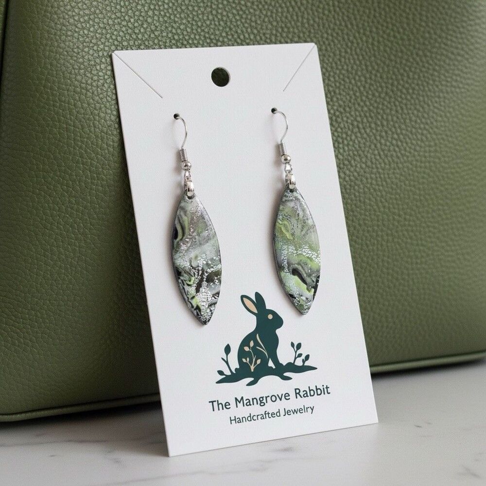 Green Black Silver Marbled Print Handmade Polymer Clay Dangle Earrings SS Wires